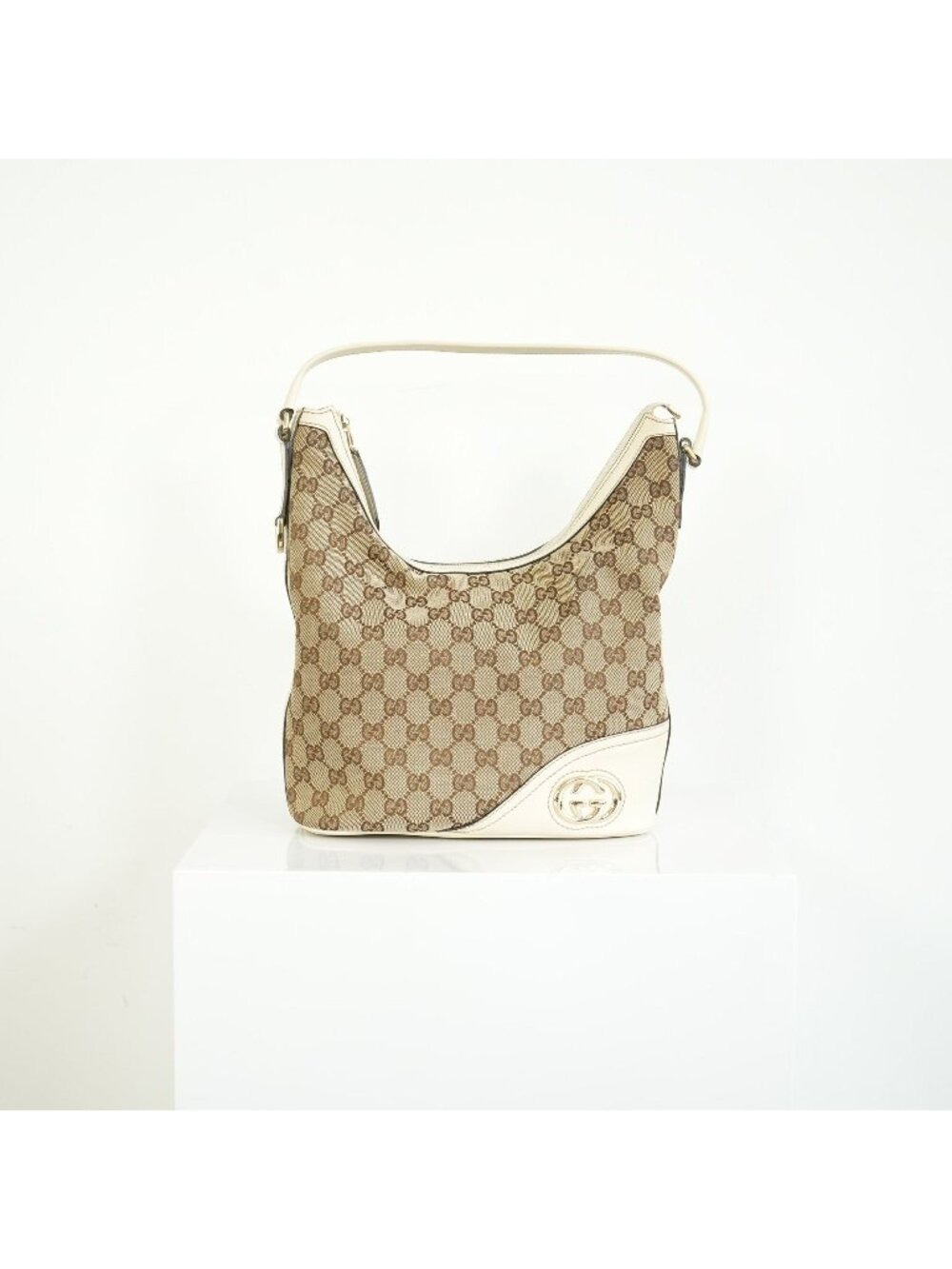 Gucci GG Canvas Hobo Bag White Leather Trim Interlocking G Gold HW